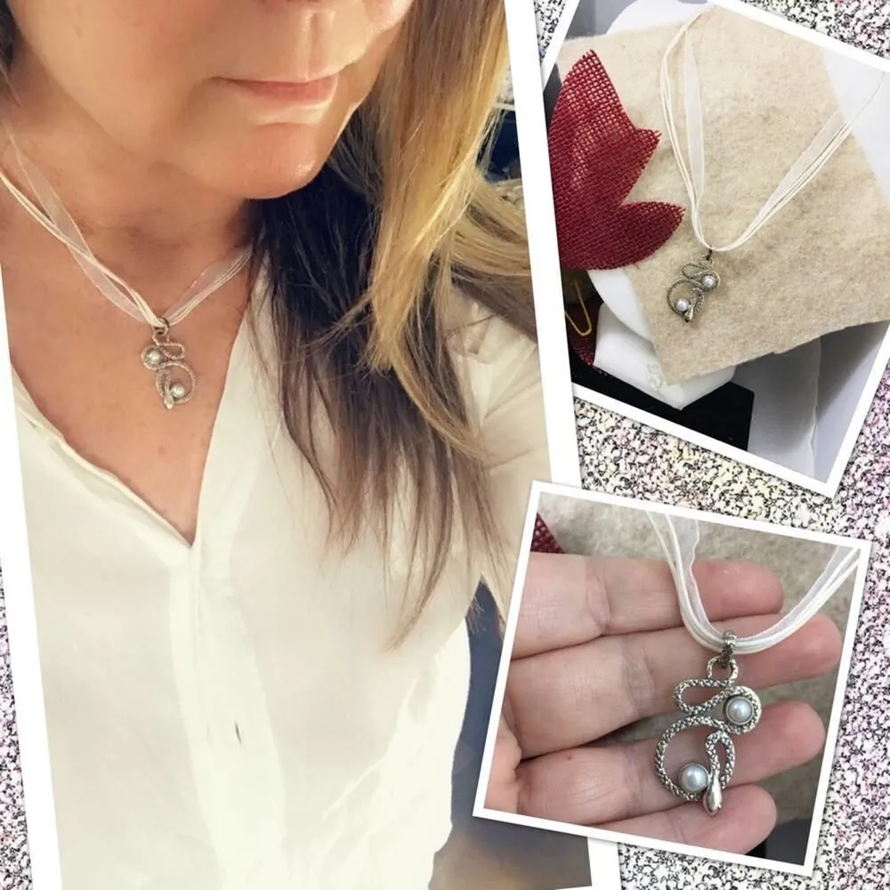Sterling Silver Snake Pendant with Genuine Pearls on Organza Cord White - Image 2