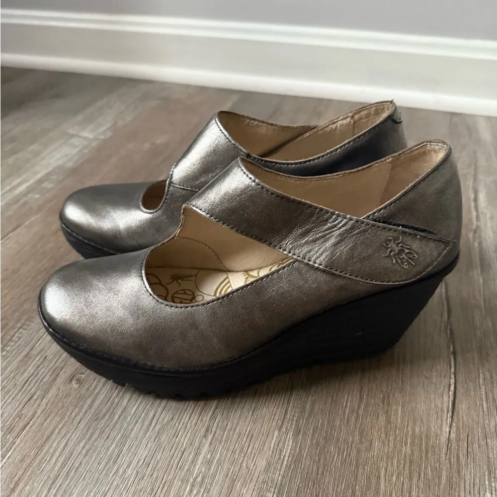 Fly London Metallic Silver Yasi Wedge Mary Jane Style Shoes Mule Size Eur 38 7.5 - Image 3