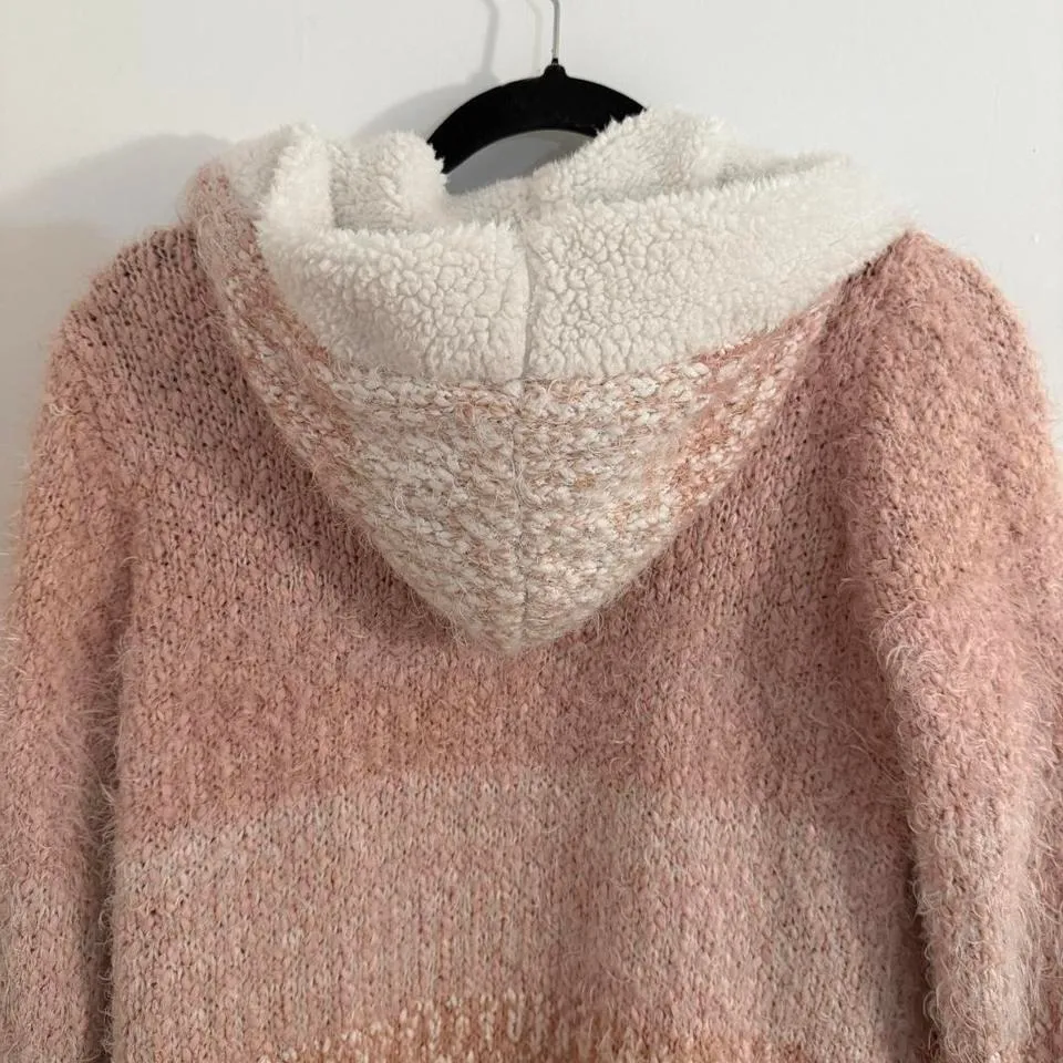 Absolutely Famous Cozy Striped Hooded Cardigan Sweater Pink White Tan Large - Image 6