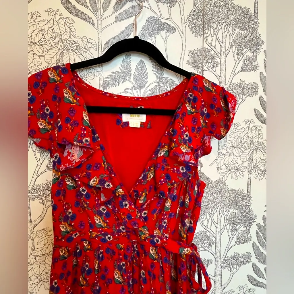 Anthropologie Maeve Red Floral Dress ruffle wrap sz 10 M - Image 3