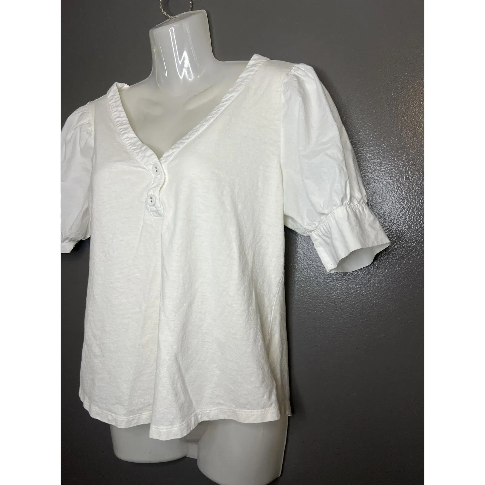 Gap Shirt Womens Small White Short Sleeve Puff Henley Hemp Blend Top Tee - Image 3