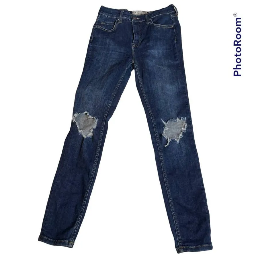FREE PEOPLE Distressed Ripped Knee High Waist‎ Blue Skinny Jeans 27 - Image 2