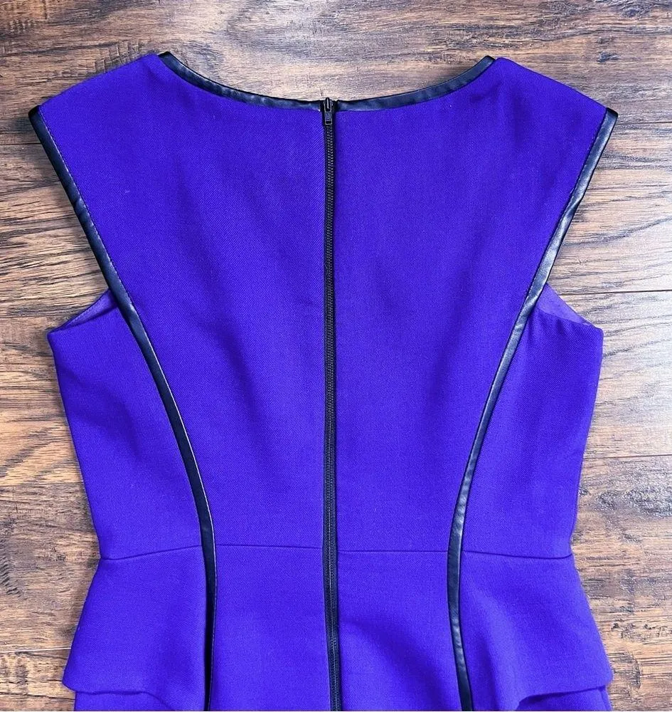 MILLY • Pipe-Trim Peplum Dress purple stretch wool black vegan leather - Image 11