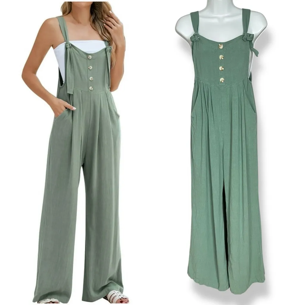 Wide Leg Jumpsuit Linen Blend Women Size Small Green Boho Casual Slouchy Pockets - Image 2