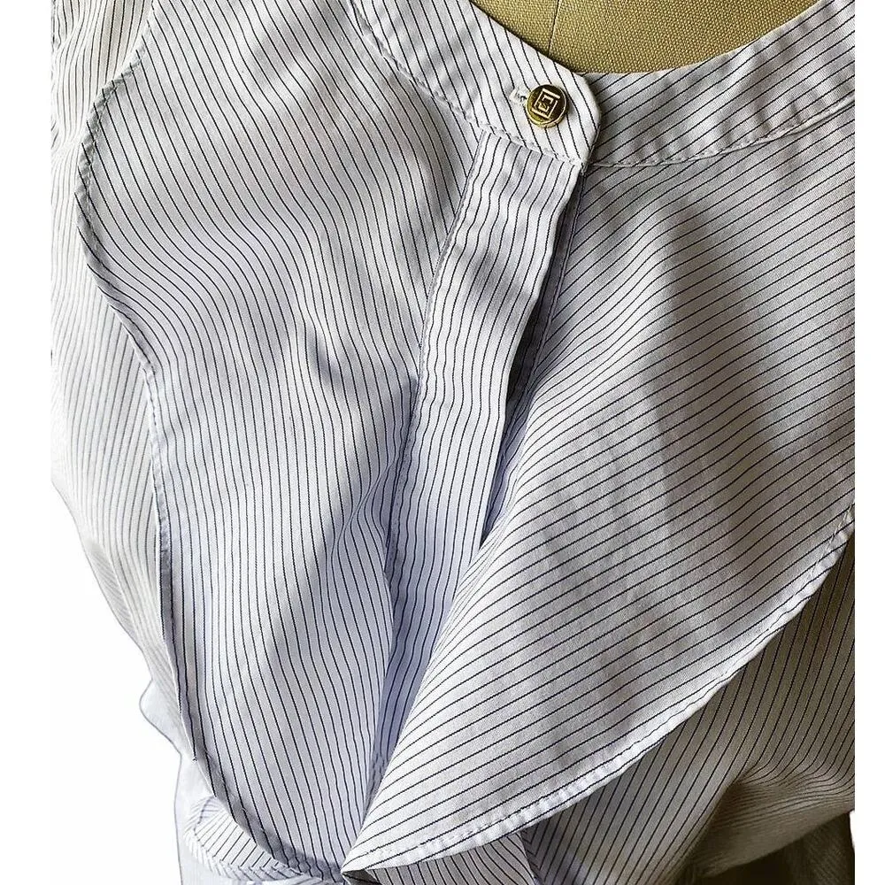 LIZ CLAIBORNE Denim Blue Pinstripe Ruffle Front Sleeveless Blouse ~ Womens LARGE - Image 5