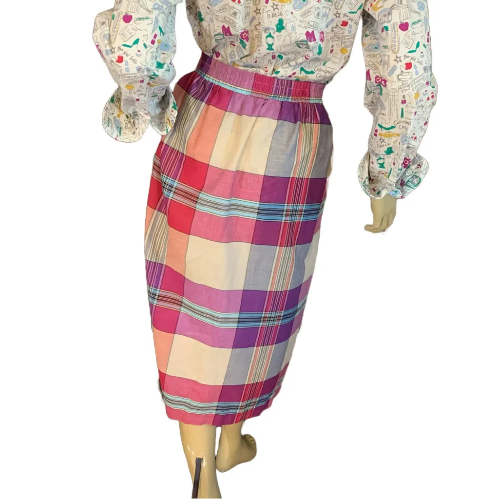 VINTAGE 1980'S ECCOTOO PINK, BEIGE & BLUE PLAID COTTON MIDI SKIRT (36/1X) Pink - Image 5