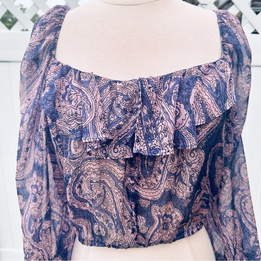 ZARA Purple Cropped Sheer Blouse Top Boho Indie Floral Mauve Ruffle - Image 8
