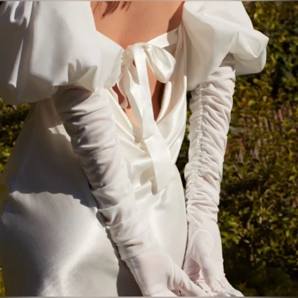 For Love & Lemons White Puff Sleeve Mini Dress Back‎ Tie Satin Bridal Medium NWT - Image 7