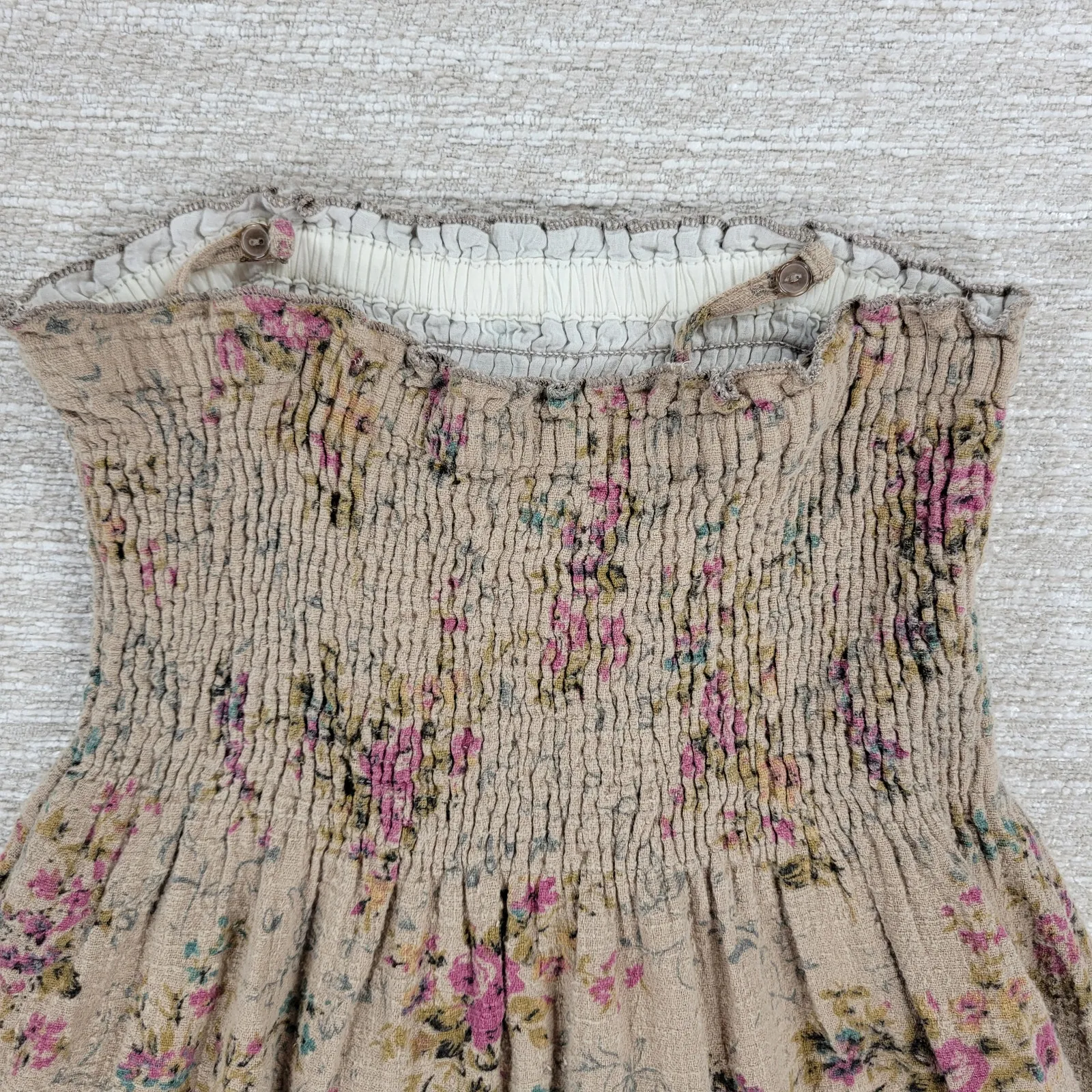 VTG Rachel & Chloe Smocked Dress Womens S Tan Floral Convertible Straps Cottage Brown - Image 12