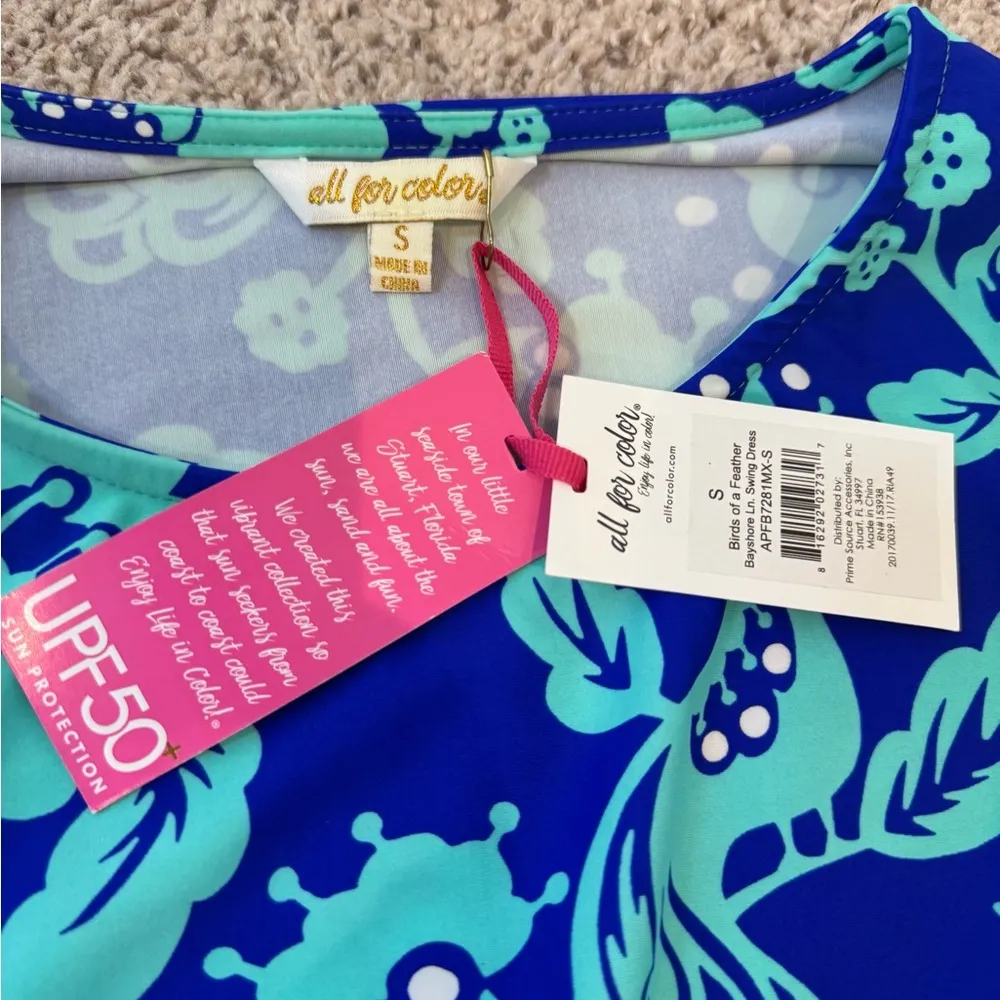All For Color Floral UPF50 Birds of a Feather Peacock Small Dress Blue Resort - Image 6