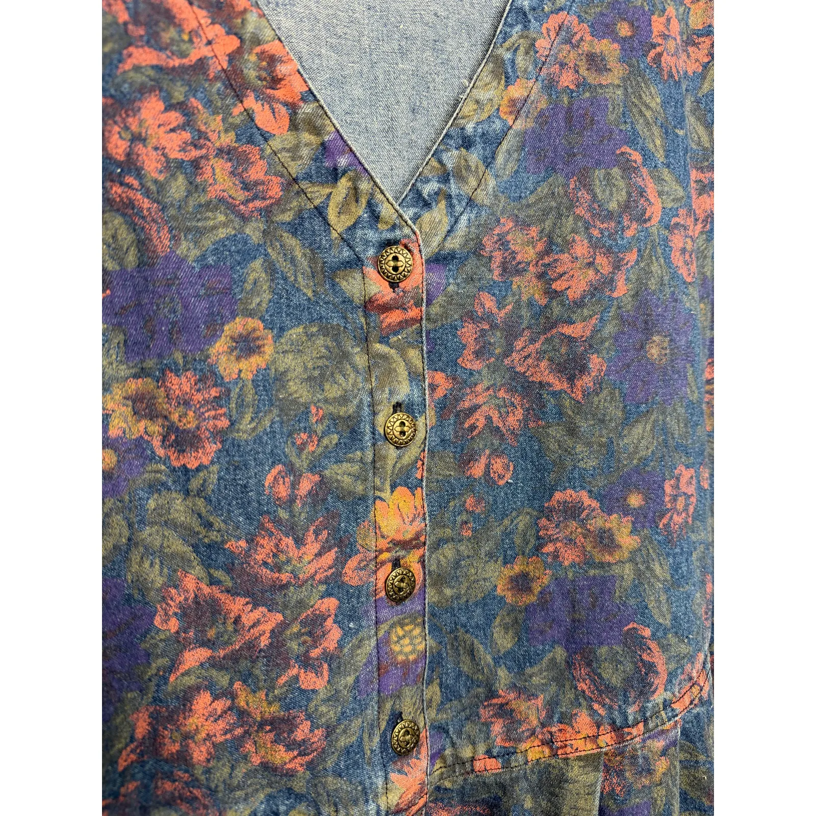 Truly Yours Vintage 90s 3X Denim Button Down Dress Sleeveless Floral Flowers Blue - Image 6