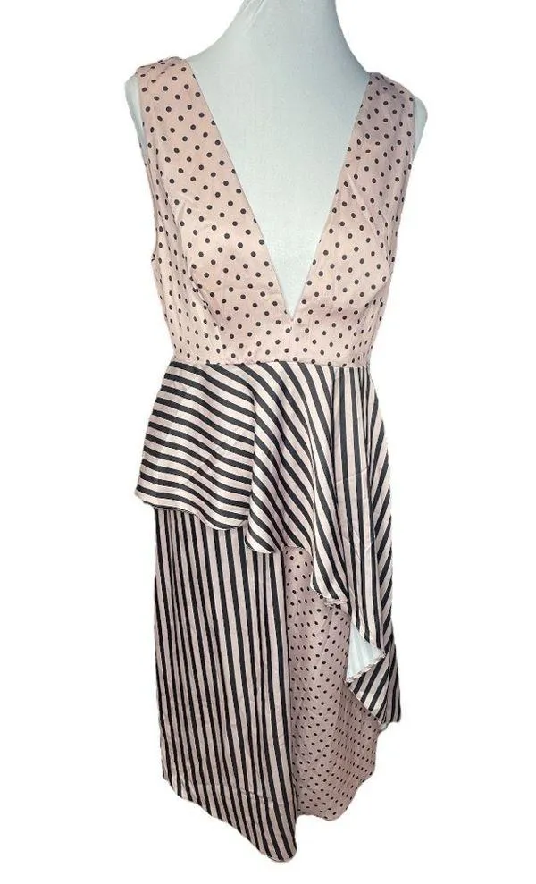 ASOS Polka Dot and Stripes Midi Plunge Vneck Dress Pink Black Size 8 - Image 10