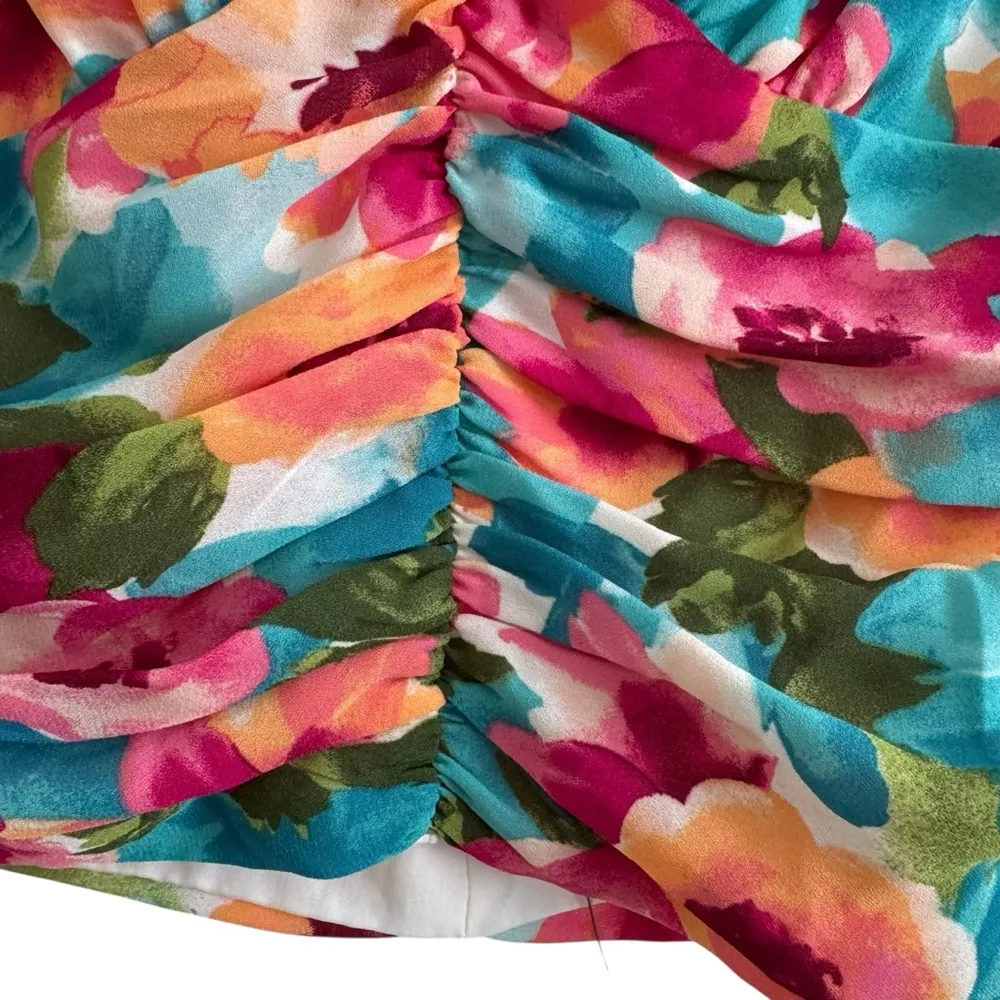 NWT Lulus Hues of You Teal Multi Floral Print Ruched Puff Sleeve Top Size XS - Image 7