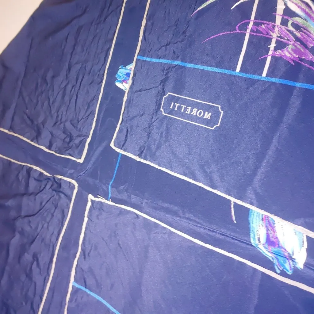 Moretti Italian Silk Scarf Floral Art Tulip Design Vintage Navy Blue Background Pink Size 33 - Image 5