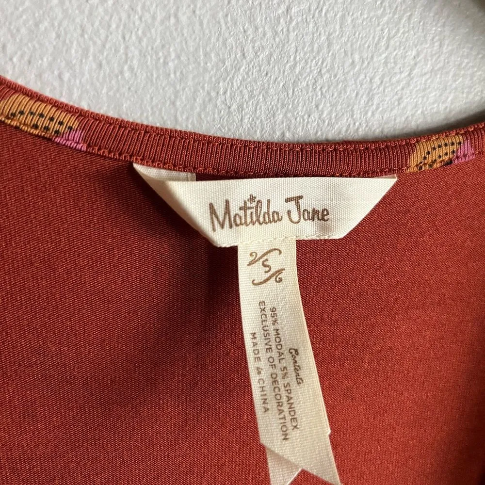 Matilda Jane Isn’t It Lovely Faux Wrap Dress Orange Floral Jersey Knit Small - Image 4