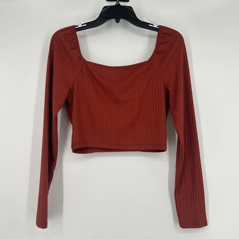 June & Hudson Rust Red Ribbed Crop Top Long Sleeve Square Neck Padded Size M Size M - Image 6