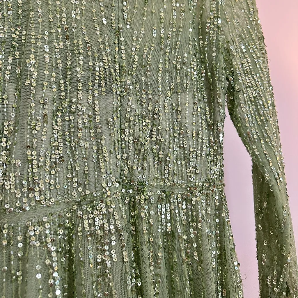 MAC DUGGAL Green Illusion High Neck Long Sleeve Embellished Gown Sage Size US 6 - Image 12