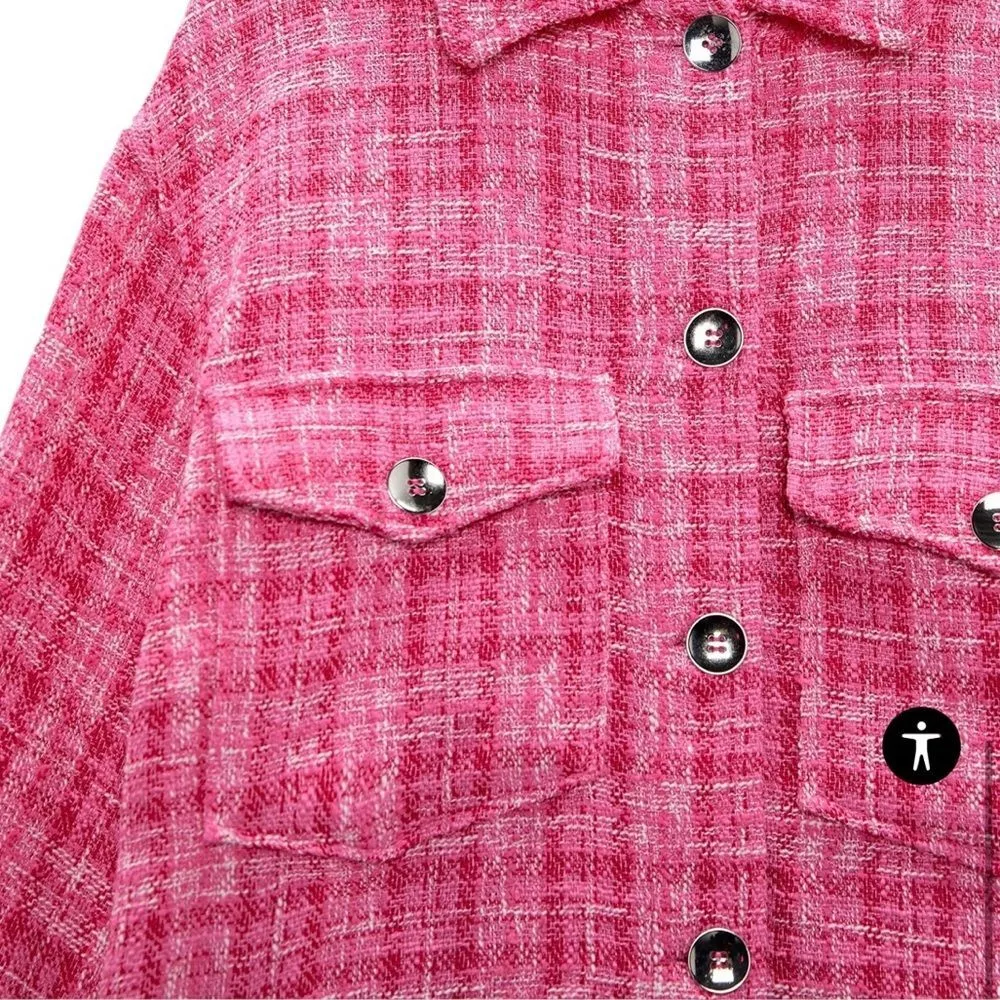 Zara Women’s S Oversized Shirt Jacket Pink Bouclee Plaid Tweed Fringe Hem Barbie - Image 8