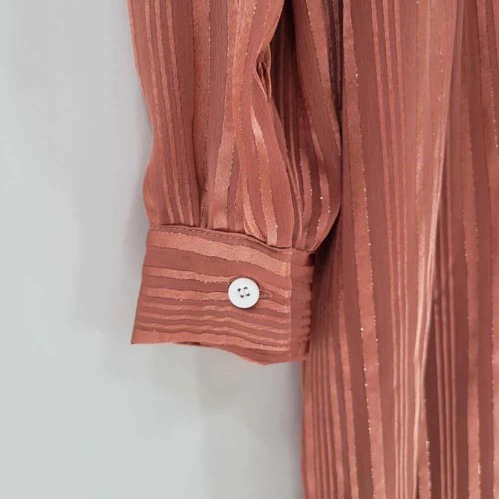 Shein Maxi Dress M Pink Sparkle Stripes Tie Neck Long Puff Sleeve Shirred Waist - Image 7