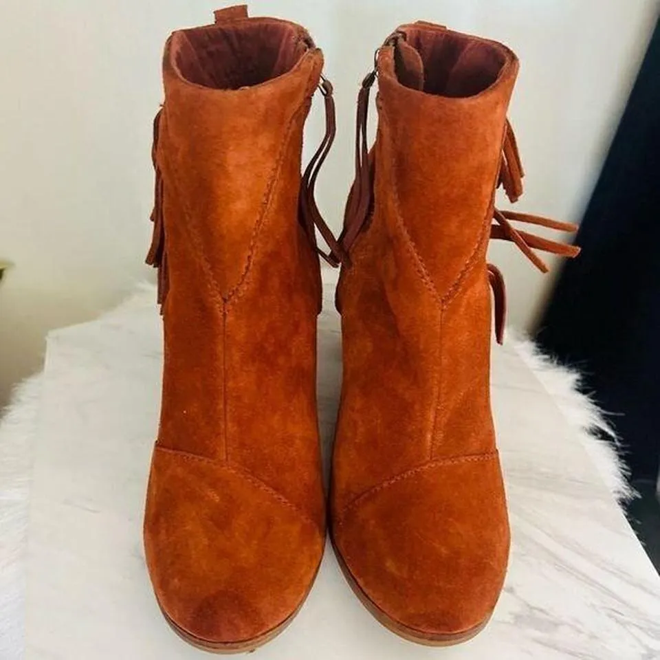 TOMS Lunata Western‎ Boho Tassel Suede Bootie Stacked Block Heel, Brown Size 8.5 - Image 4
