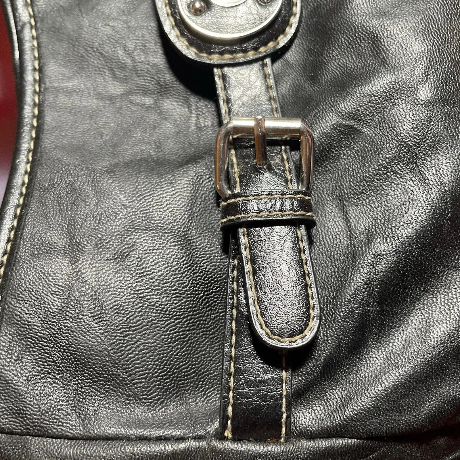 Rosetti Black Faux Leather Shoulder Bag Braided Strap Buckle Hardware Y2K Edgy - Image 7