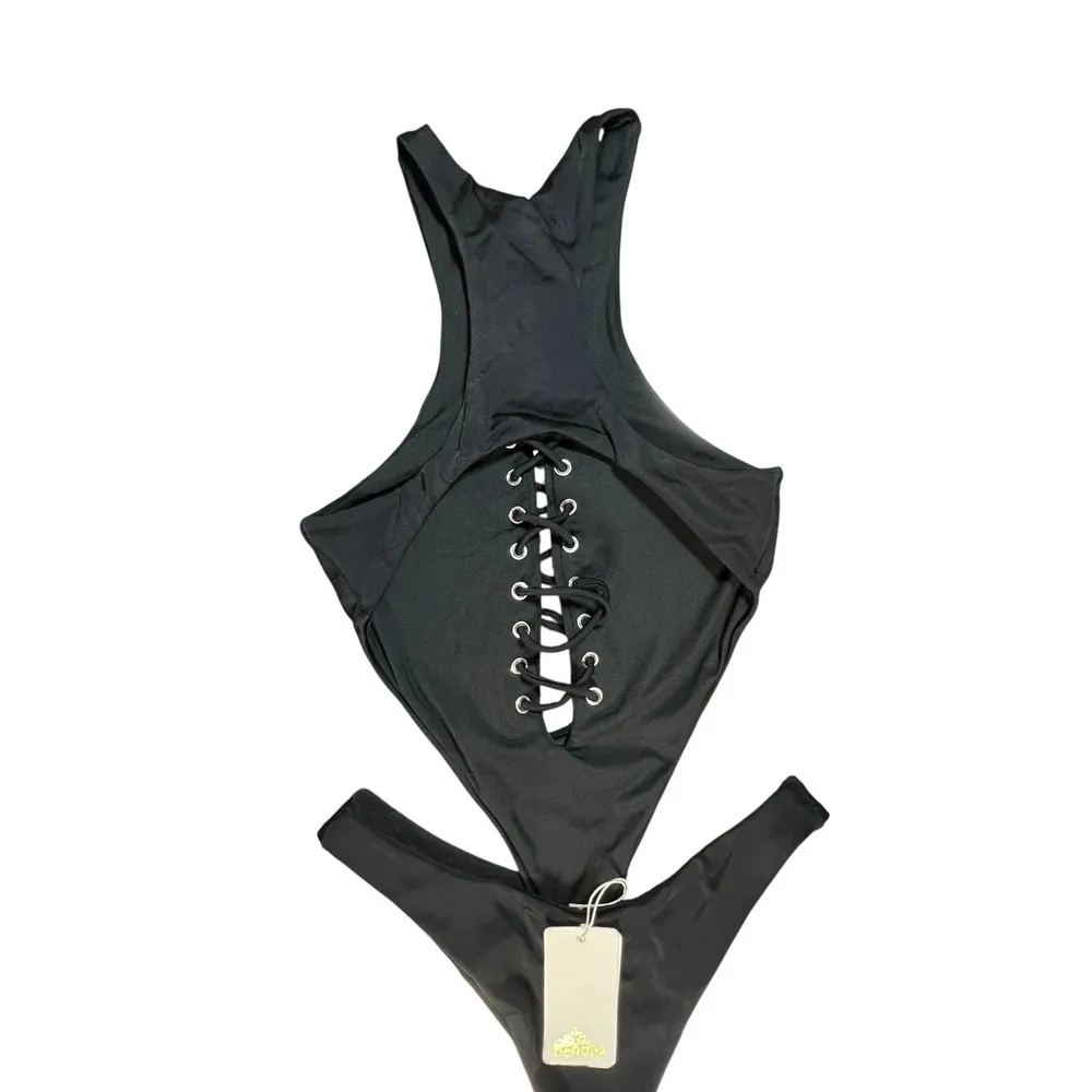 Agua Bendita Arin Eter Black One Piece Swimsuit Lace Up Front Size L New - Image 9