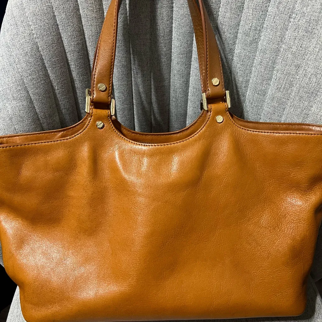 Tory Burch Leather Tote Bag Brown Logo Zip Top Large - Image 2