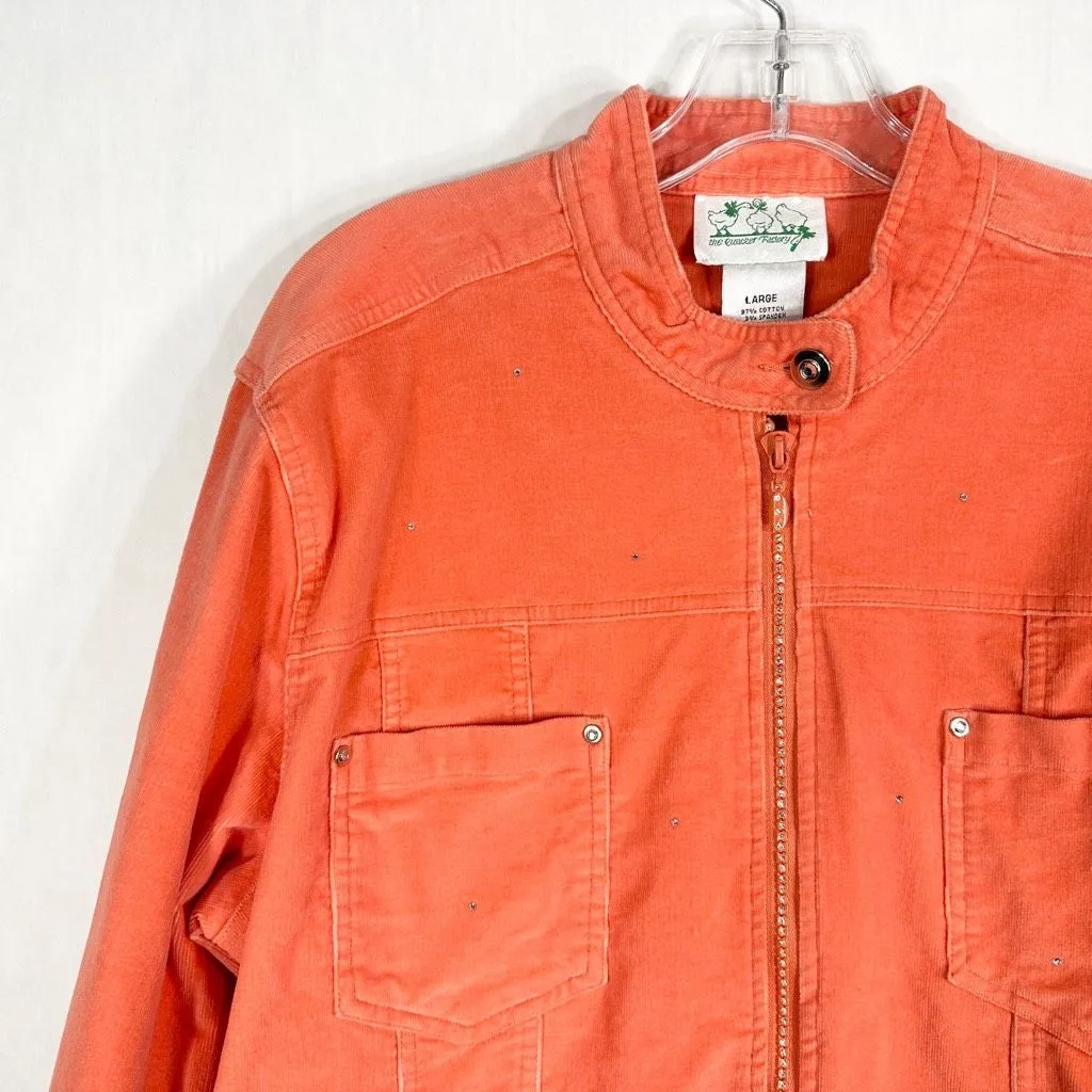 Quacker‎ Factory Large Jacket Corduroy Orange Rhinestones Zipper VTG Cotton 1467 - Image 5