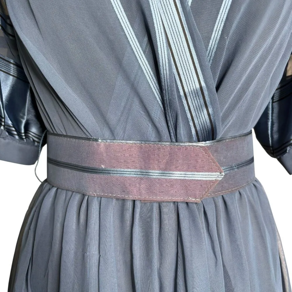 Vintage Blue Sheer Midi Dress Sz Small Metallic Striped Puff Sleeves Belted - Image 3