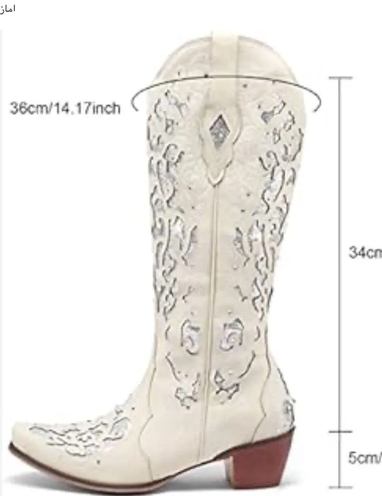 Retro Women's Cowgirl Cowboy Block Heel Mid Wide Calf Western Shoes Size 39 Silver - Image 11