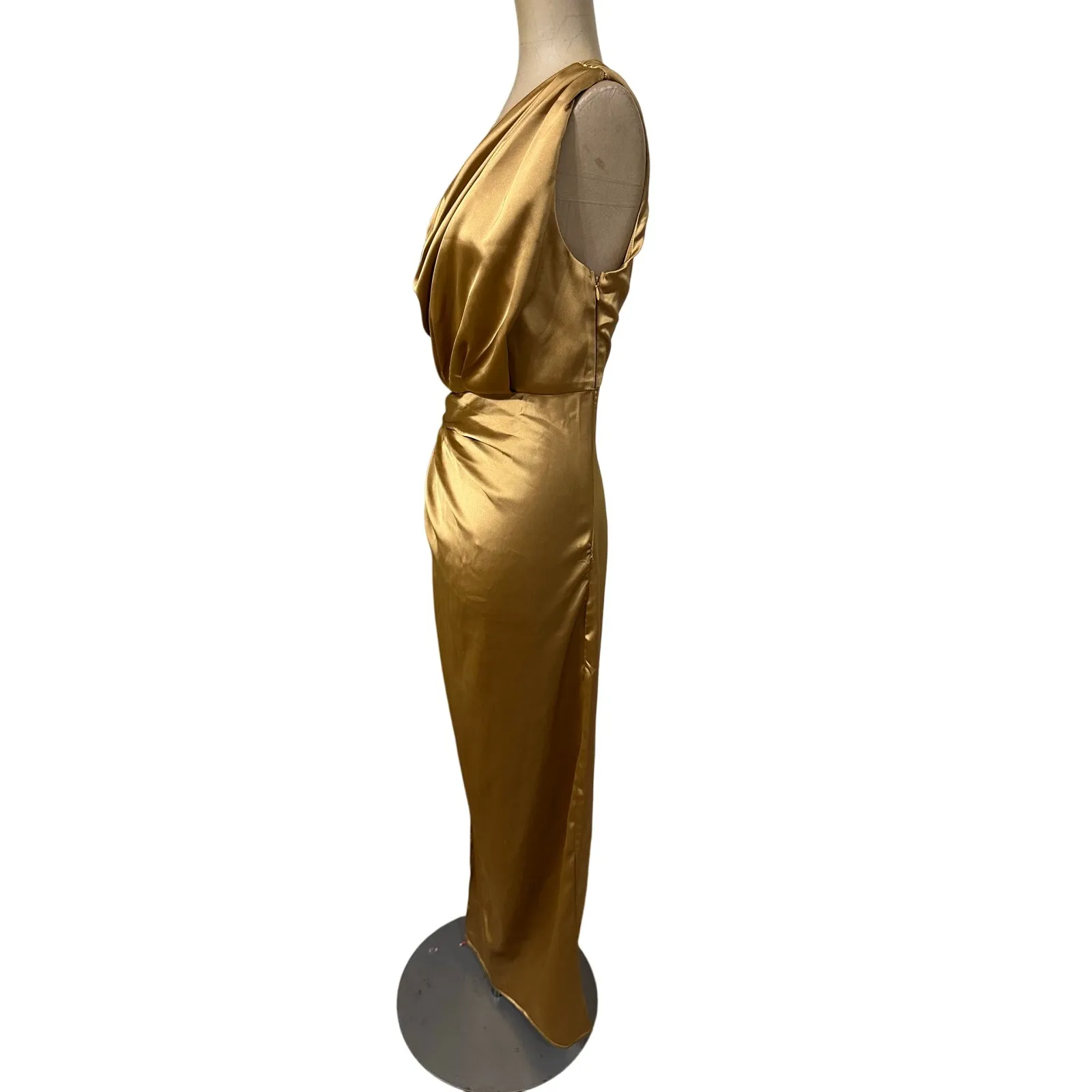 Petal & Pup Maxi Dress Satin Bronze Yellow One Shoulder Ruched - Image 6