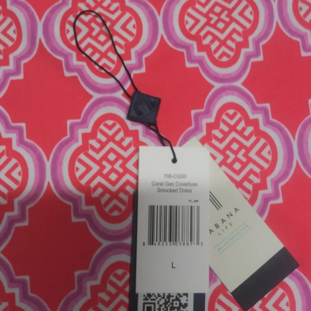 Cabana Life Coral Geo Coverluxe Off Shoulder Smocked Dress Tassels Vacation Sz L Pink Size L - Image 10