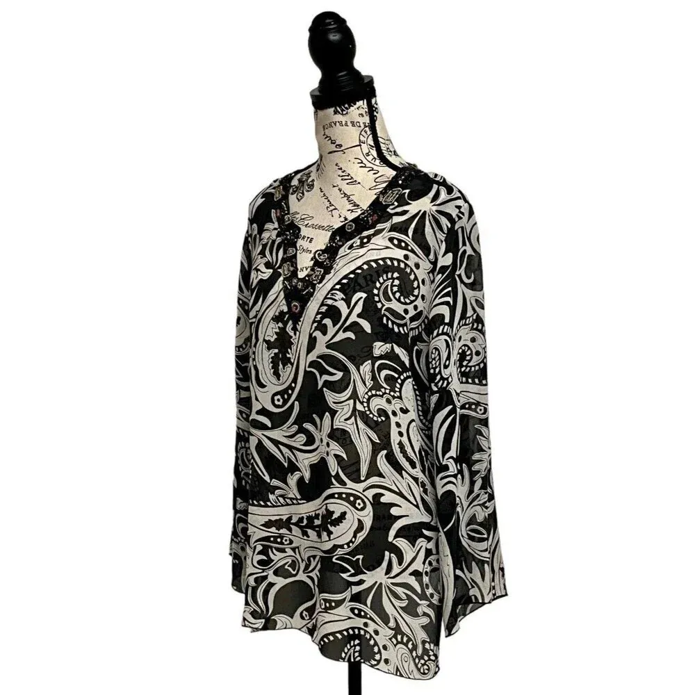 Chicos Paisley Beaded V-Neck Tunic Sheer Silk Boho Peasant Coastal Gramma 2 - Image 3
