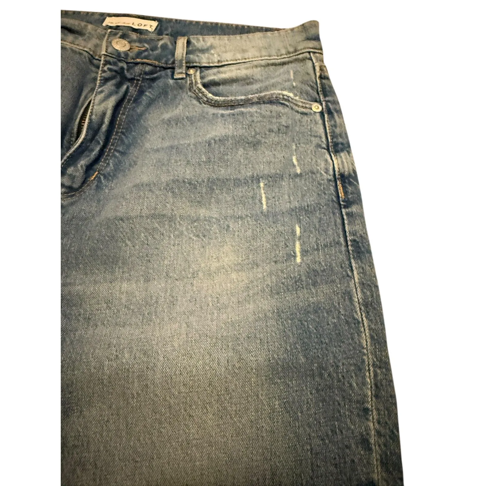 Loft Straight Crop Distressed Jeans Vintage Wash – Size 6 Petite Frayed Hem - Image 3
