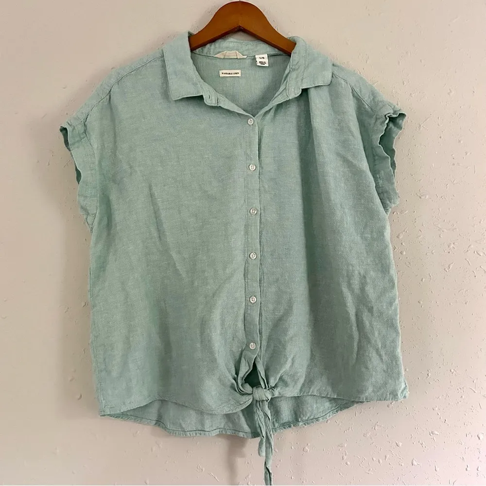 🦋 Weatherproof Vintage Linen Short Sleeve Button Down Tie Front Shirt Blouse L - Image 4