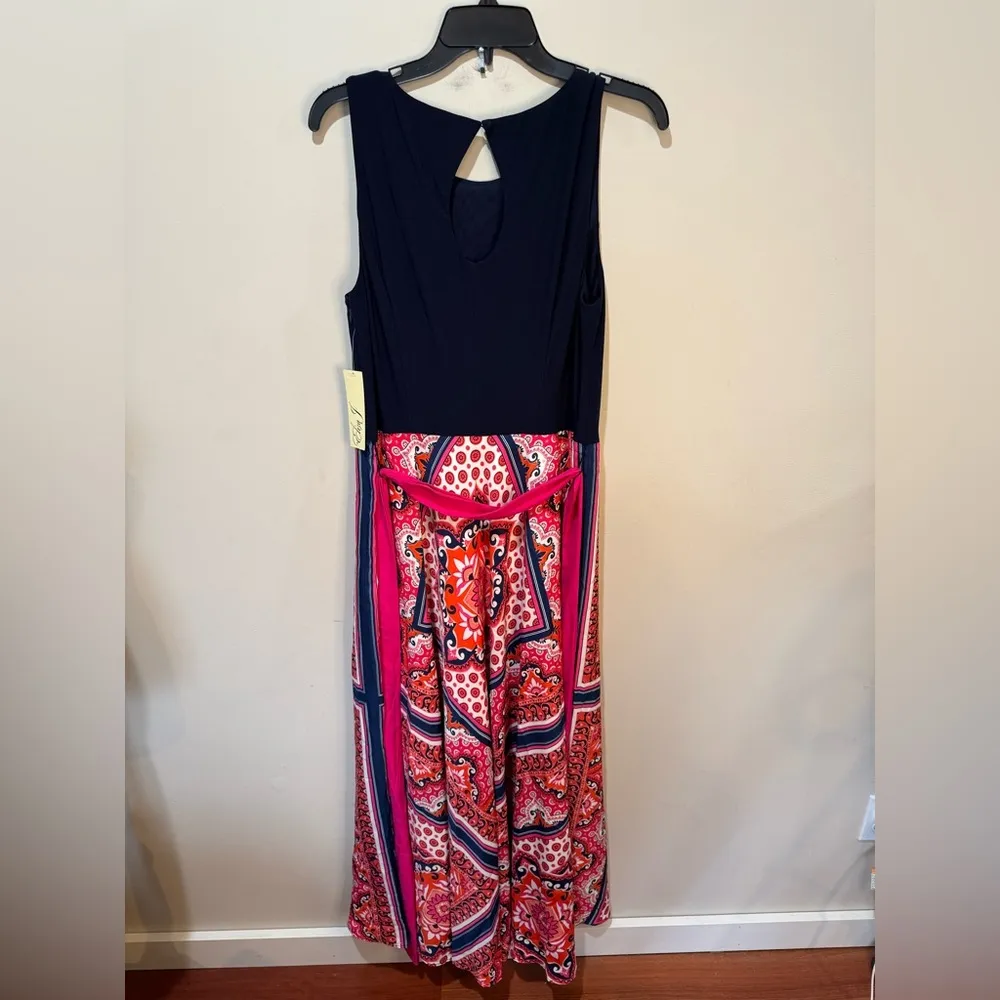 Eliza J Handkerchief Bandana Boho Maxi Dress‎ Navy Pink Orange Size 16 NWT - Image 5