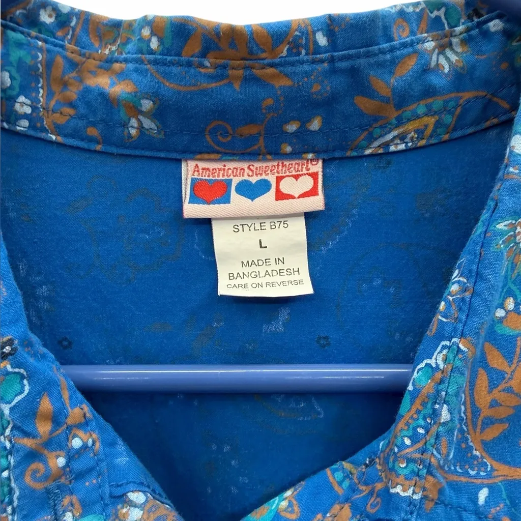 Vintage American Sweetheart Blue Paisley Button Up 3 Quarter Sleeve Shirt Large - Image 11