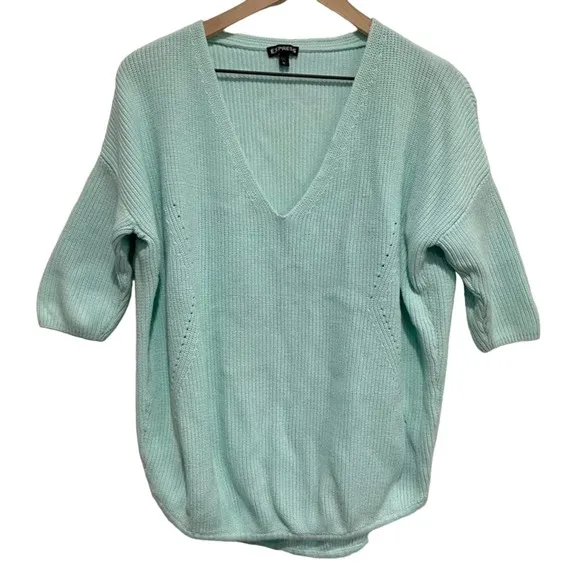 Express Light Blue V Neck Knit Sweater Size Medium - Image 12