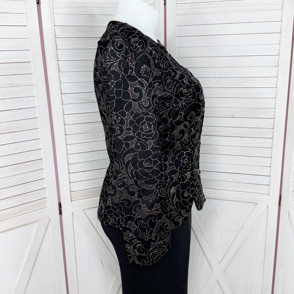 Vintage 80s R&K‎ Evening Floral Glitter Velvet Blazer Jacket Black Gold 14 - Image 3
