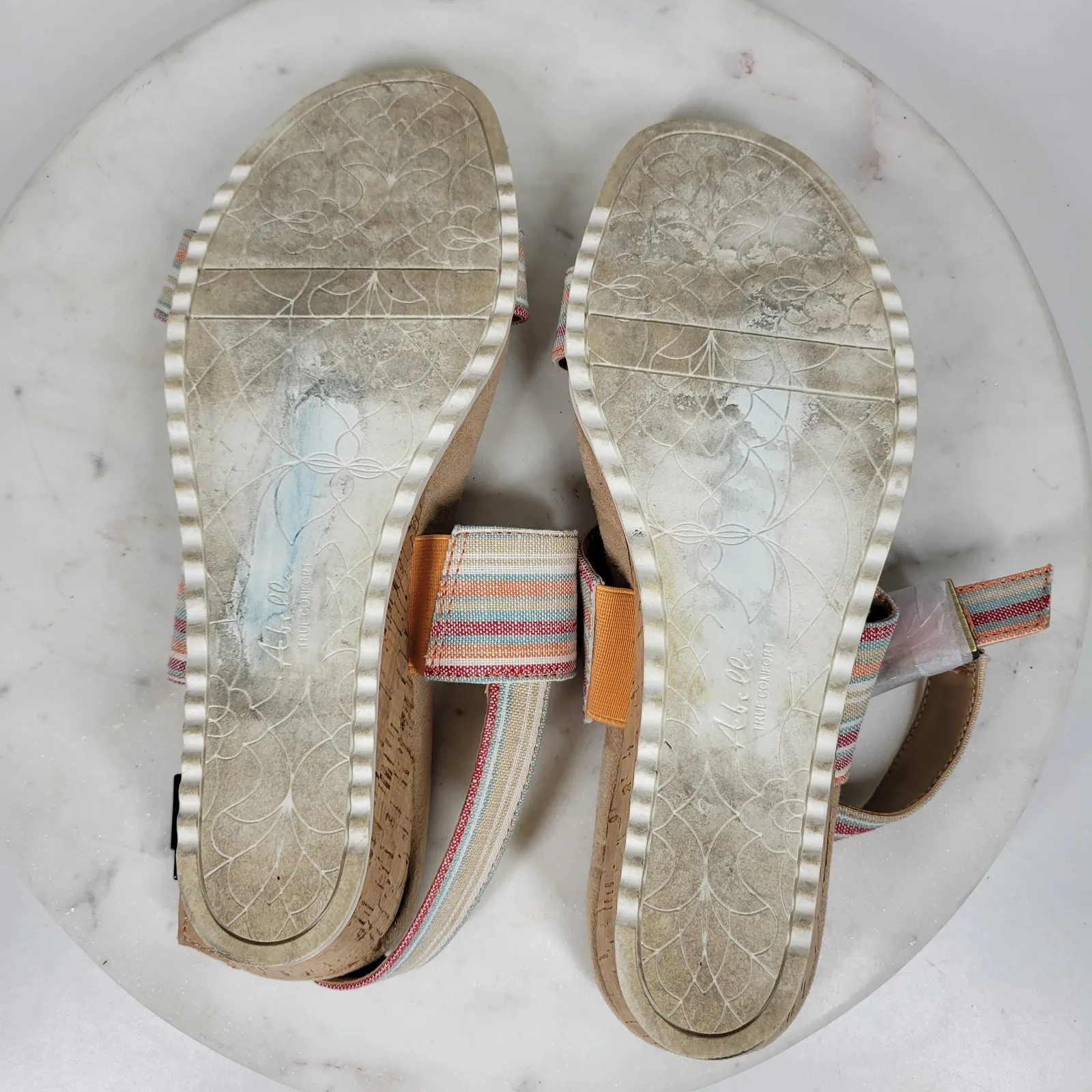 Abella Sicilia Wedge Sandals Womens 9 Pink Stripe Strap Cork Buckle Comfort Brown - Image 8