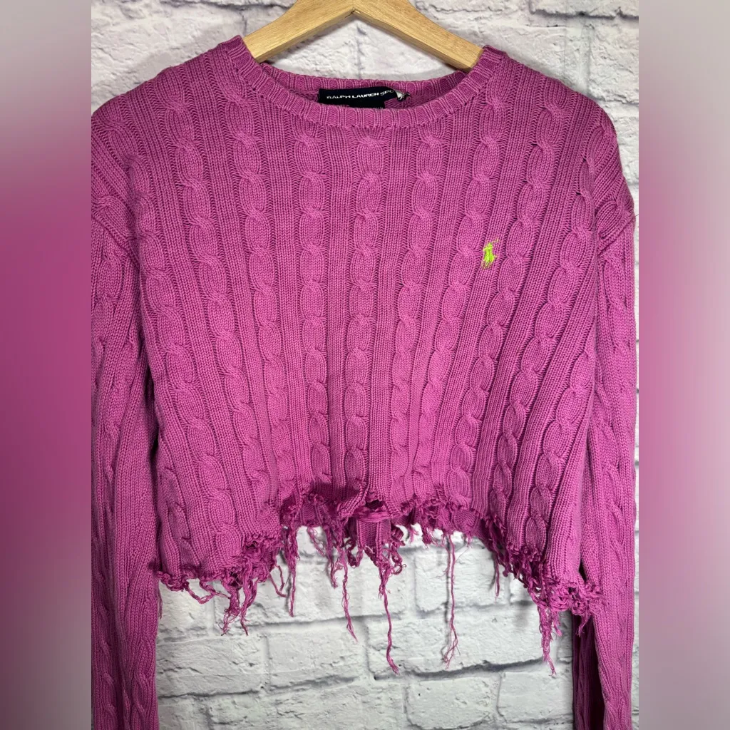 Ralph Lauren‎ Sport Hand distressed & cropped pink/purple sweater size large Purple - Image 4