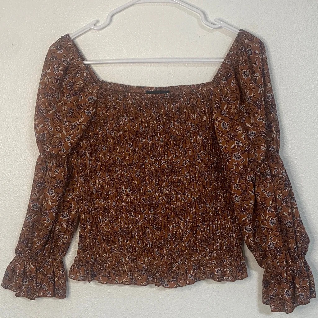 I.N. San Francisco Floral Smocked Top in Brown - Image 1