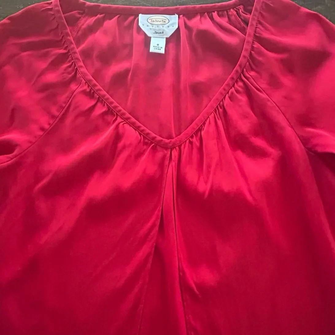 Talbots Red Silk Split Flyaway Front Tunic Top Shirt Blouse Womens Size 8 Petite - Image 3
