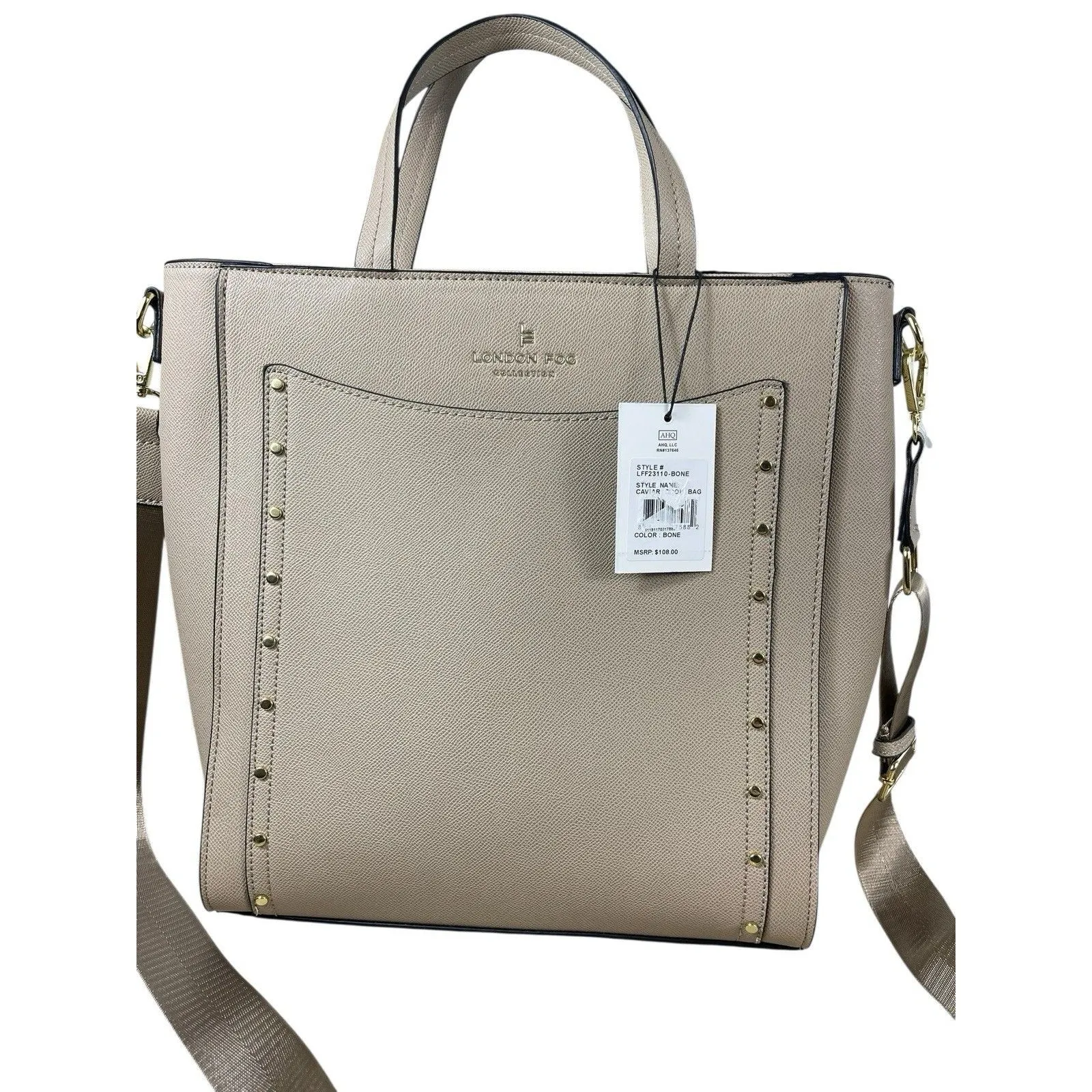 London Fog Caviar Tote Beige Studded Shoulder Satchel Crossbody Purse NWT $108 Tan - Image 2