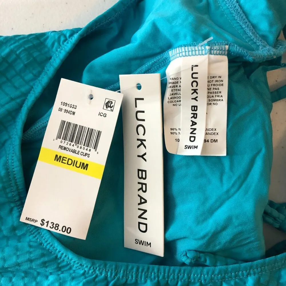 Lucky Brand Golden Wave Lace Front Tie One Piece Swimsuit Textured Blue M - Image 6