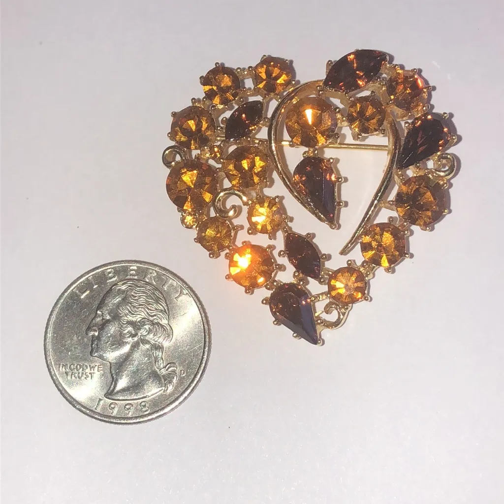 M. Jent Vintage Gold Tone and Amber Heart Brooch - Image 3