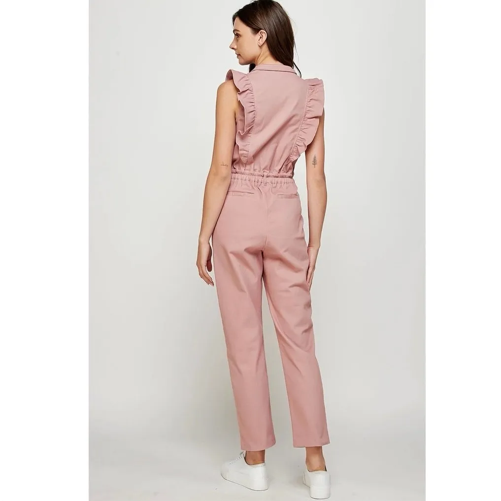 Strut & Bolt mauve color Ruffled Zip Up Sleeveless Twill Jumpsuit size L NWT - Image 3