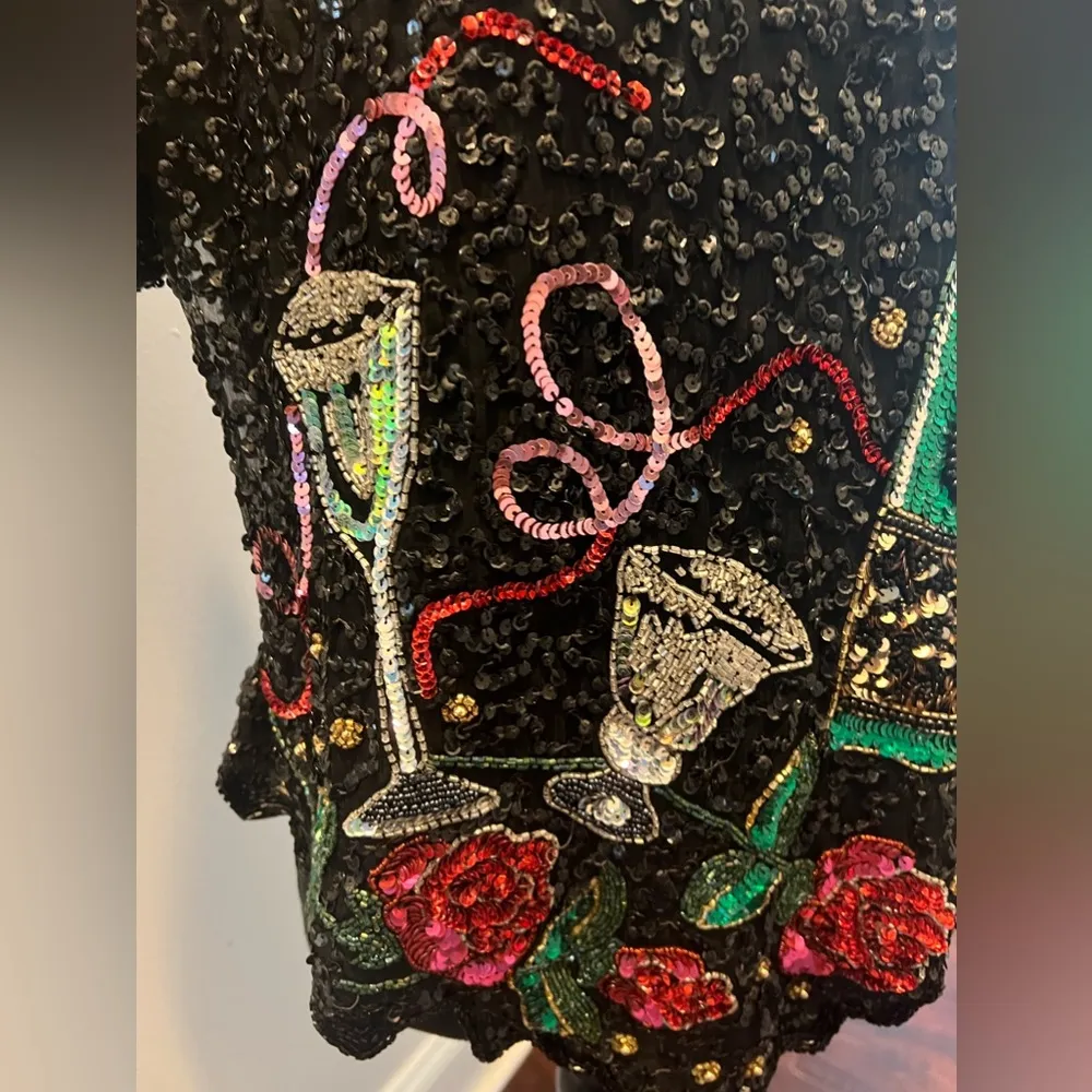 Vintage Laurence Kazar Sequined Silk Top New Year Champagne Roses Blouse EUC - Image 3