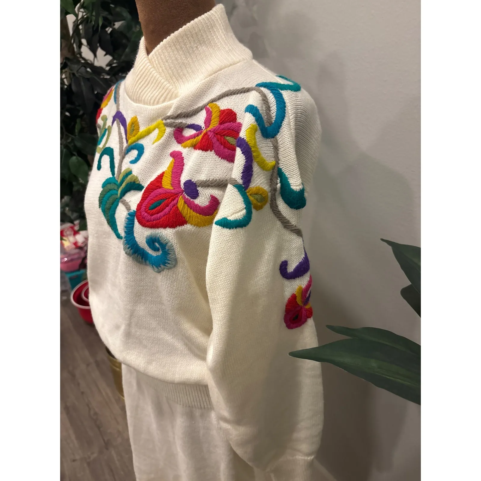 Vintage y2k 80's Darian Womens Mock Neck Sweater Dress Floral Embroidery Med White - Image 3