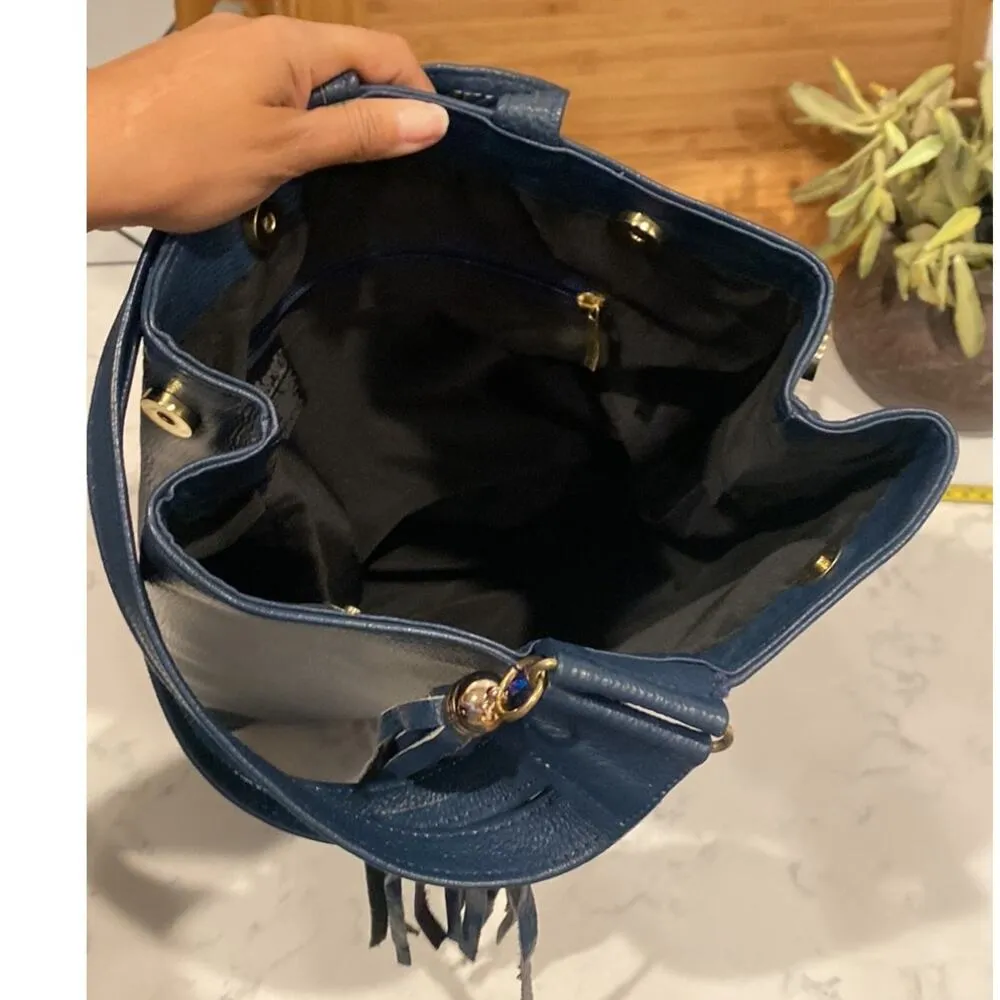 Sarahí blue tribal accent tassel backpack bohemian indigenous faux leather - Image 8